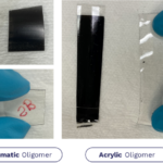 Cured black flexo inks printed on the PET with different oligomers before and after the de-inking process.